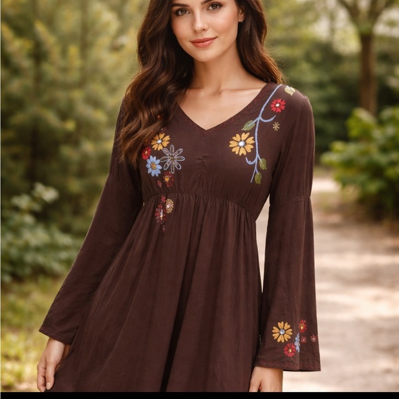 DOUBLE D RANCH Brown embroidered flowers dress Leg Of Mutton sleeves Size Small - Picture 1 of 5